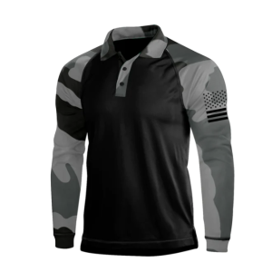 GREY CAMO PATCHWORK RAGLAN LONG SLEEVE POLO SHIRT