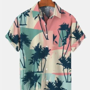 Men's 50's Vintage Casual Hawaiian Shirts Palm Tree Seersucker Wrinkle Free Tops