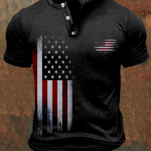 Men's Vintage Flag Print Casual Button Polo Shirt