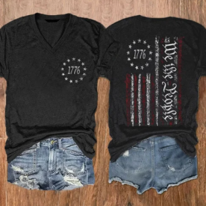 Women's Independence Day 1776 We The People Flag Print V-Neck T-Shirt