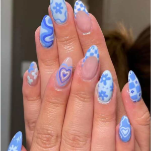 Get Glamorous with 24pcs Long Almond Blue Heart Star Floral Pattern French Fake Nail & 1sheet Tape & 1pc Nail File