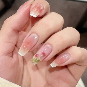 Get Glamorous with 24pcs Long Coffin Blush French Tulip Print Fake Nail & 1sheet Tape & 1pc Nail File