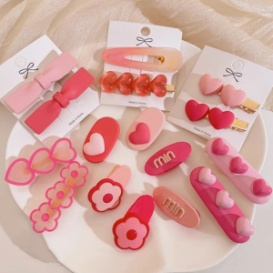 Pink love heart hair clips female cute duckbill clip hairpin sub side broken hair bangs clip children dopamine headwear