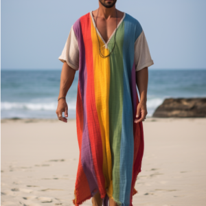 Rainbow V-neck Men Long Caftan dress