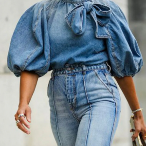 Fashion Plain Stand Collar Puff Sleeve Bow Decor Blouse