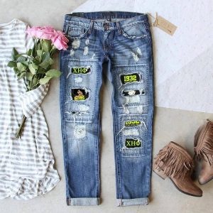 Fashion Retro Ripped Print Jeans
