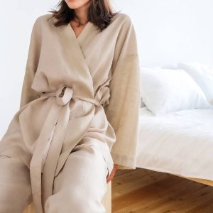 Long-sleeved fashion lady's nightgown trousers casual cotton and linen suit