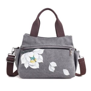 Canvas Tote Handbags Chinese Style Front Pockets Shoulder Crossbody Bags