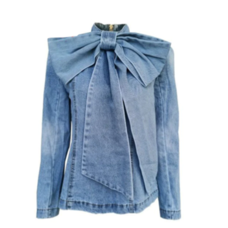Casual Plain Denim Stand Collar Long Sleeve Bow Blouse