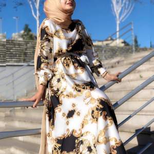 C9281 2023 European and American cross-border spring new Middle East Muslim women's print tie fashion slim dress