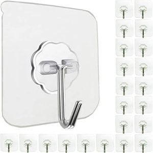 Wall Hooks for Hanging 33lb(Max) Heavy Duty Self Adhesive Hooks 24 Pack Transparent Waterproof Sticky Hooks for Keys Bathroom Shower Outdoor Kitchen D