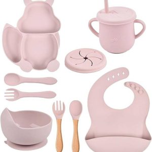 Silicone baby feeding -suction plates for baby - Weaning supplies for babies include food bib, foldable utensils and cup