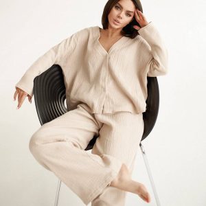 Fashion Shirt Pajamas Wholesale Cotton Loose Pajama Pants Two-piece Ladies Homewear