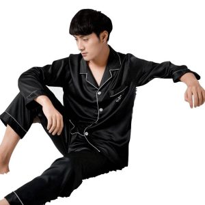 2022 new men's stretch satin chiffon pajamas men's spring and summer simulation silk long-sleeved homewear suit