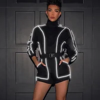 Low MOQ women reflective stripe jumpsuits rompers playsuit with sashes