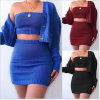 2020 factory custom solid 3 piece suit sweaters Sexy ribbed sweater skirt with long coat three piece set