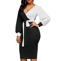 Ladies sexy v neck Stitching Colour tunic office wear dresses for women