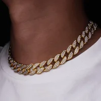 Bling Rhinestone Golden Finish Miami Cuban Link Chain Necklace Men's Hip hop Necklace Jewelry