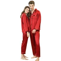 Wedding Customize Silk couple red pajamas set long sleeves ladies sleepwear for women men