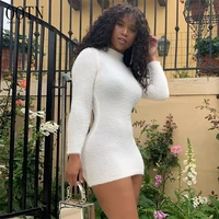 OOTN Women Autumn Winter 2019 Turtleneck Long Sleeve Bodycon Short Dresses Sexy Furry Plush Sweater Dress