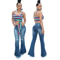 2020 Trend  Women'S Wide Leg Washed Frayed Flare Jeans Jean Femme Pantalones Mujer Ladies Jeans