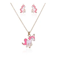 New arrived pink unicorn necklace trend  drop glazed colors material 18kgp necklace and earring sets for girls kids