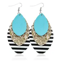 Wholesale Amazon Hot Sale Bohemia Three Layers Faux Leather Glitter Stripe Print Teardrop Earrings Colorful Leaf Drop Earrings