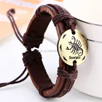 3BB-002 Adjustable Braided Leather Cord Bracelet Men Zodiac Bracelet