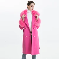 2019 New Fashionable Clothes Double Breasted Wool Long Coat Real Fox Fur Collar Winter Coat Women Custom Oversize 100% Wool Coat