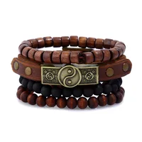 Fashion 4pcs/set Handmade Vintage Bracelets Female Homme Punk Wood Bead Charm Leather Bracelet