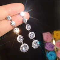 Fashion Crystal Round Drop Earrings Bridal Wedding Jewelry Zircon Long Dangle Earrings Women