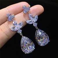 Flower Water Drop Earrings 3ct AAA CZ Real Silver Color Party Wedding Dangle Earrings For Women Jewelry Gift