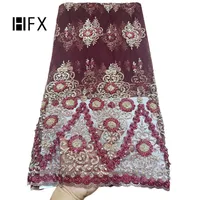 HFX Wine/Gold Nigeria Embroidered African Beaded Latest French Tulle Lace Fabric for Party Dress
