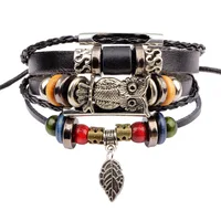 Wholesale Vintage Owl and Leaf Charm Bracelet Handmade Leather Jewelry Boho Bracelet