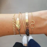 SinDlan Wholesale 5Pcs Vintage Crystal Leaves Double Circle Geometric Thin Chain Bohemian Fashion Jewelry Women Gold Bracelet