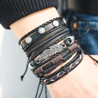 Vintage Leaf Feather Multilayer Leather Bracelet Men Fashion Braided Handmade Star Rope Wrap Bracelets & Bangles Male Gift