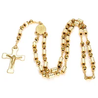 18K Gold Plating Religious fashion Stainless Steel Cross Beaded Chain Rosary Necklace