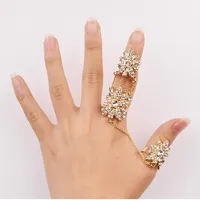 WIIPU Gold Plated Crystal Rhinestone Flower Double Finger Chain Link Ring  Knuckle Finger Rings