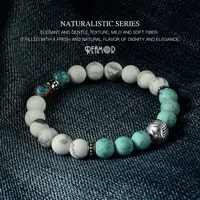 REAMOR White Blue Turquoises Natural Stone Elastic Bracelet Stainless Steel Round Ball Beaded Bracelets & Bangles Unisex Jewelry