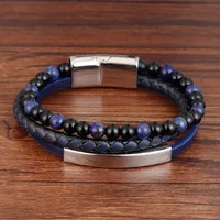 Three Layers Magnetic Clasp Leather Bracelet Agate Beads Bracelet Leather Men Jewelry Bracelet