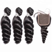 Cuticle Aligned Virgin Hair  Grade 10A 100% Virgin Brazilian Hair Loose Wave Bundles With Closure