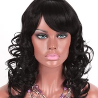 Black Color High Temperature Synthetic Material Wavy Machine Made Fiber Wig With Bang