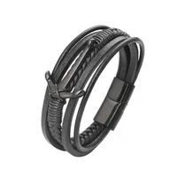 Stainless steel magnetic button Cowhide Braided Multi Layer Wrap anchor punk leather bracelet