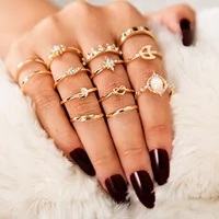 13PCS/Set Vintage All Match Jewelry Shiny Crown Star Moon Rhinestone Wedding Party Charm Knuckle Ring