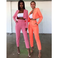 Free Shipping 2019 Wholesale Clothes Women Neon Color Two Piece Suit Jacket With Waistbelt