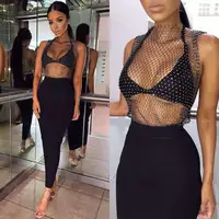 Sparkling Diamond Fishnet Sexy Summer Dress Hollow Out Split Transparent Bodycon Dress Women Fishnet Beach Party Dresses