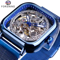 Forsining Blue Watches For Mens Automatic Mechanical Fashion Dress Square Skeleton Wrist Watch Slim Mesh Steel Band Analog Clock