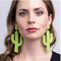 HANSIDON Boho Plants Statement Beaded Earrings Cloth Cactus Drop Earrings Resin Beads Jewelry Fashion Handmade Earrings