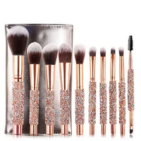 10 pcs rhinestone cosmetic facial kit  PU bag bling crystal rhinestone handle makeup brush set