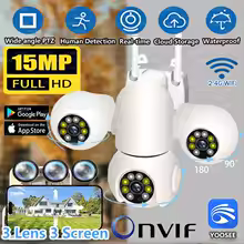 15MP 8K Wifi IP Camera Three Screen Three Lens Outdoor Waterproof Camera Onvif PTZ Auto Tracking CCTV Video Security YOOSEE